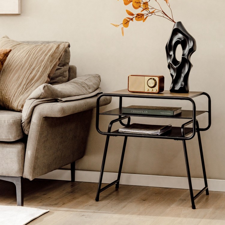 Compact 3-tier side end table with wood grain top and steel frame, ideal for storage in modern living spaces.